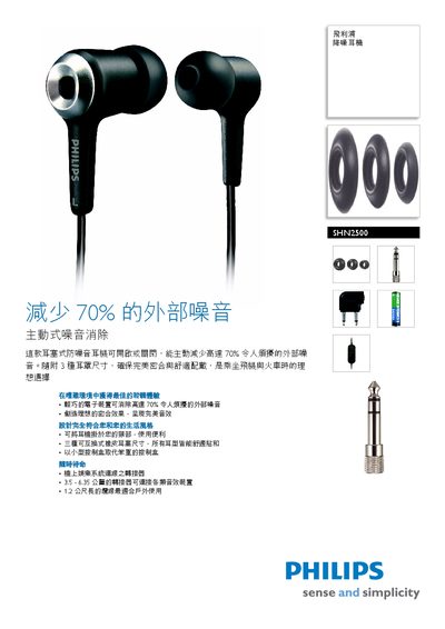 Philips SHN2500 Noise Reduction Earphone Manual - cover page