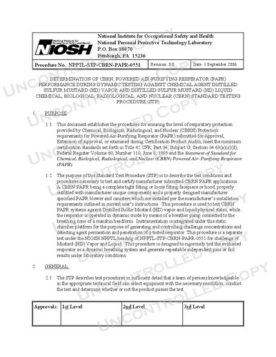 NIOSH NPPTL-STP-CBRN-PAPR-0551 Standard Test Procedure