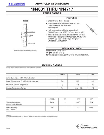 General 1N4681 THRU 1N4717 Zener Diodes Datasheet - cover page