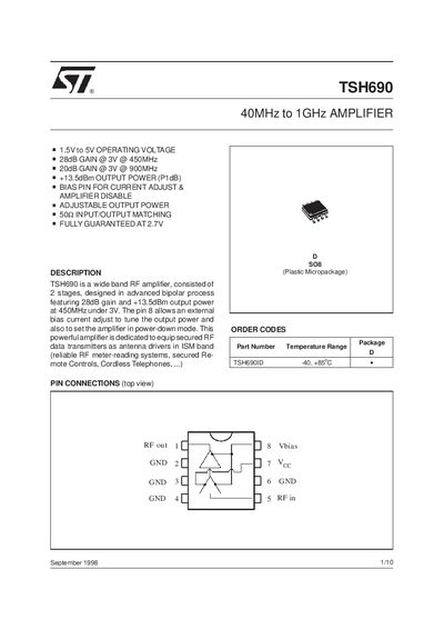 STMicroelectronics TSH690 RF Amplifier Datasheet - cover page