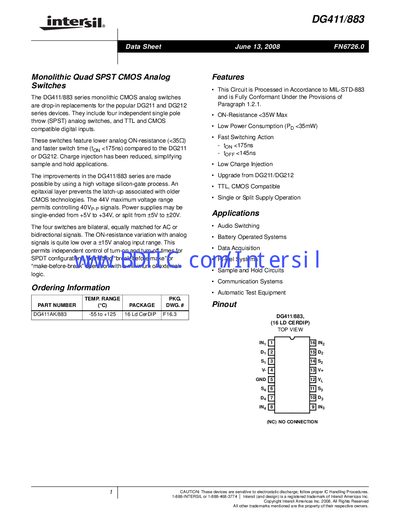 Intersil DG411/883 Analog Switch Datasheet - cover page