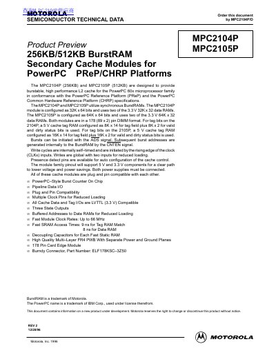 Motorola MPC2104P/MPC2105P Secondary Cache Module Datasheet - cover page