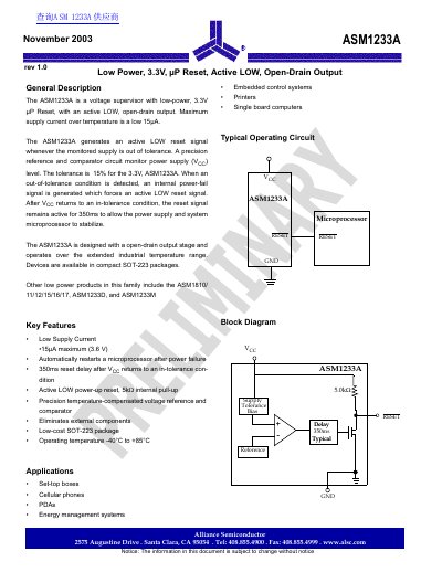 Alliance Semiconductor ASM1233A Voltage Supervisor Datasheet - cover page