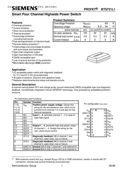 Siemens BTS721L1 Smart Four‑Channel Highside Power Switch Datasheet - cover page
