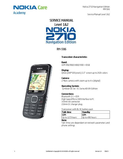 Nokia 2710 Navigation Edition Service Manual Level 1&2 - cover page