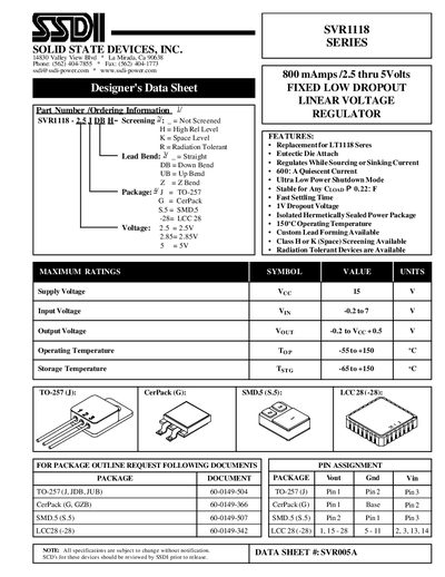 SSDI SVR1118 Series Linear Voltage Regulator Datasheet - cover page