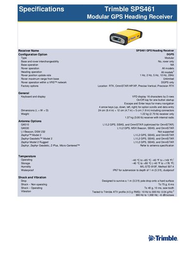 Trimble SPS461 Modular GPS Heading Receiver Specifications - cover page