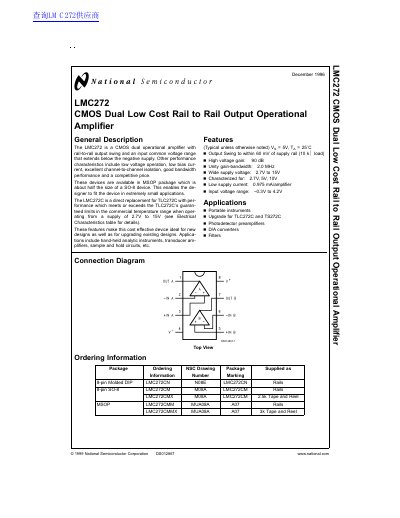 National Semiconductor LMC272 CMOS Dual Low Cost Rail to Rail Output Operational Amplifier Datasheet - cover page