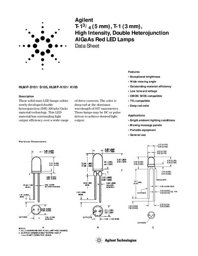 Agilent HLMP-D101/D105/HLMP-K101/K105 High Intensity Red LED Lamps Datasheet