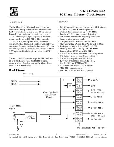 Integrated Circuit Systems MK1442/MK1443 SCSI and Ethernet Clock Source Datasheet - cover page
