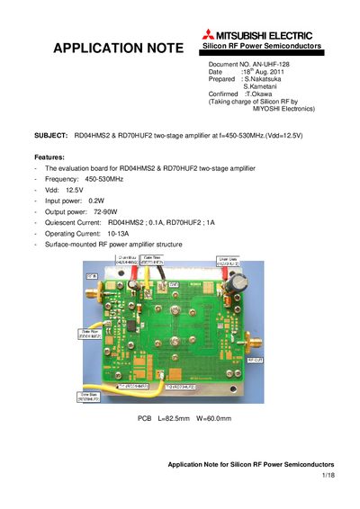 MITSUBISHI ELECTRIC RD04HMS2 RD70HUF2 two-stage amplifier at f=450-530MHz.(Vdd=12.5V) Manual - cover page