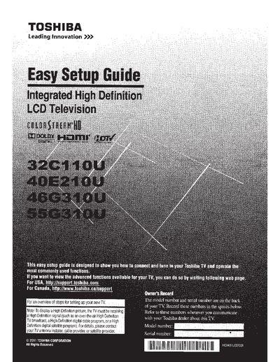 Toshiba 32C110U/40E210U/46G310U/55G310U Easy Setup Guide - cover page