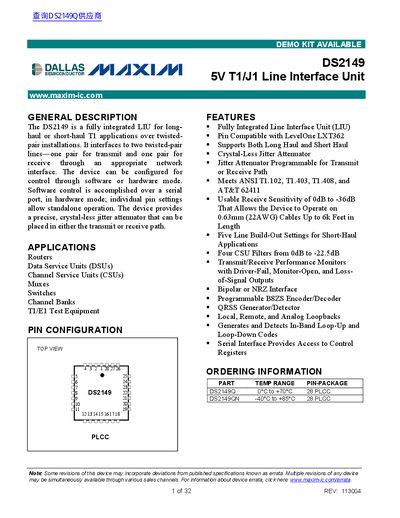 MAXIM DS2149 5V T1/J1 Line Interface Unit handbook - cover page