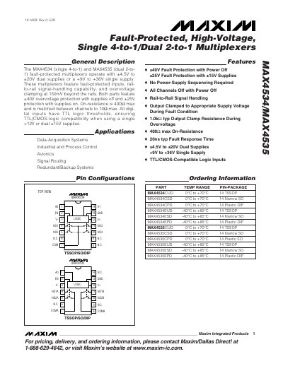 Maxim MAX4534/MAX4535 Fault‑Protected High‑Voltage Multiplexer Datasheet - cover page