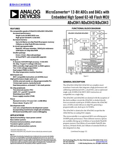 ANALOG DEVICES ADuC841/ADuC842/ADuC843 MicroConverter 12-Bit ADCs DACs with Embedded High Speed 62-kB Flash MCU handbook - cover page