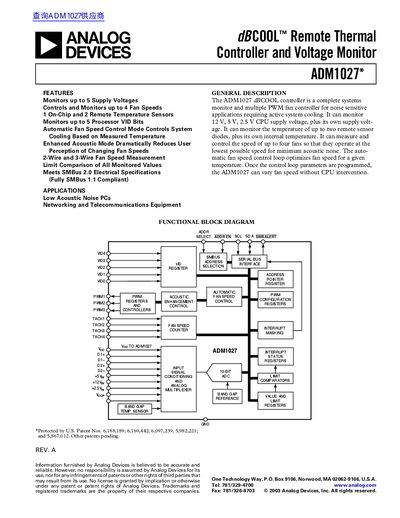 Analog Devices ADM1027* dBCOOL Remote Thermal Controller and Voltage Monitor Datasheet - cover page