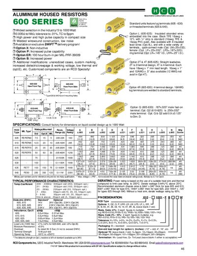 RCD Components 600 Series Aluminum Housed Resistors Product Data Sheet - cover page