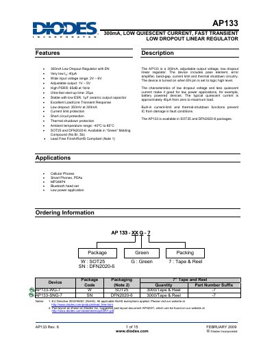 Diodes AP133 300mA Low Quiescent Current Fast Transient Low Dropout Linear Regulator Datasheet - cover page