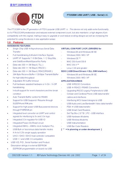 FTDI FT232BM USB UART IC Datasheet - cover page