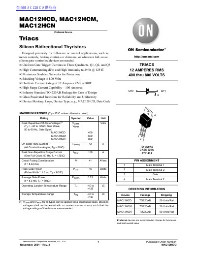 ON Semiconductor MAC12HCD/MAC12HCM/MAC12HCN Triac Datasheet - cover page