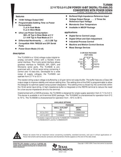 TEXAS INSTRUMENTS TLV2606 DATA SHEET - cover page