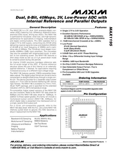 Maxim MAX1195 Dual 8‑Bit 40Msps 3V Low‑Power ADC Datasheet - cover page
