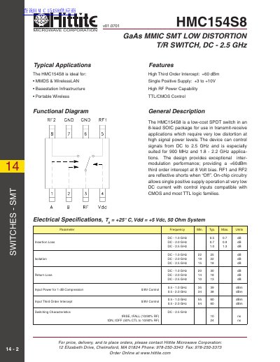 Hittite Microwave Corporation HMC154S8 GaAs MMIC SMT Low Distortion T/R Switch Datasheet - cover page