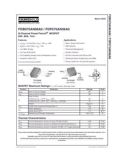Fairchild FDB070AN06A0/FDP070AN06A0 N-Channel PowerTrench MOSFET Datasheet - cover page