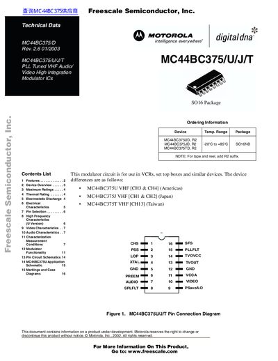 Freescale MC44BC375/U/J/T PLL Tuned VHF Audio/Video High Integration Modulator ICs Datasheet - cover page