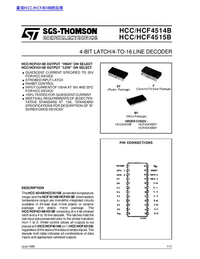 SGS-THOMSON HCC/HCF4514B HCC/HCF4515B 4-BIT LATCH/4-TO-16 LINE DECODERhandbook - cover page