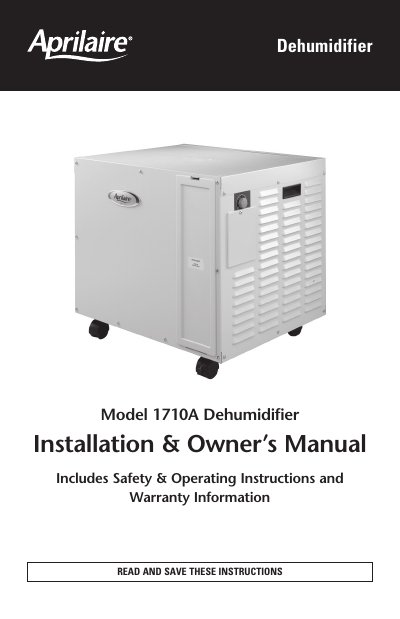 Aprilaire Model 1710A Dehumidifier Installation and Owner's Manual - cover page