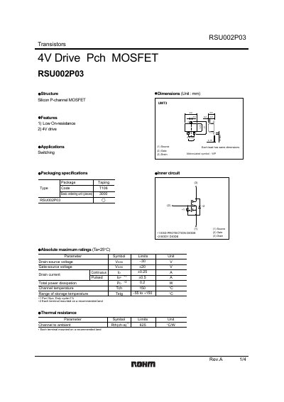ROHM RSU002P03 P‑channel MOSFET Datasheet - cover page