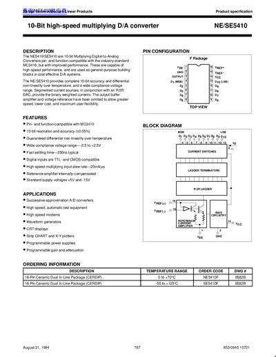 Philips Semiconductors NE/SE5410 10-Bit Multiplying D/A Converter Datasheet - cover page