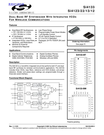 Silicon Labs Si4133 & Si4123/22/13/12 Dual-Band RF Synthesizer Datasheet - cover page