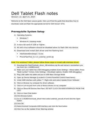 Dell Venue 7 3741 Open Source Guide - cover page