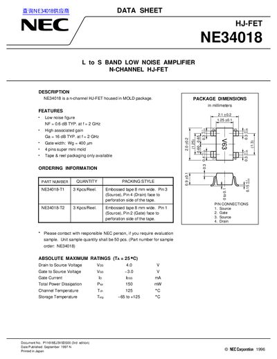 NEC NE34018 L to S Band Low Noise Amplifier Datasheet - cover page