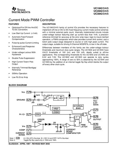Texas Instruments UC1842/3/4/5 Current Mode PWM Controller Datasheet