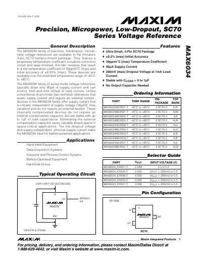 Maxim MAX6034 Precision Micropower Low-Dropout SC70 Series Voltage Reference Handbook - cover page
