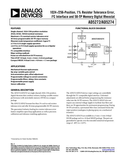 Analog Devices AD5272/AD5274 Digital Rheostat Datasheet - cover page