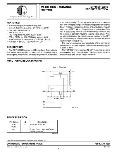 Integrated Device Technology IDT74FST163213 24-Bit Bus Exchange Switch Datasheet - cover page