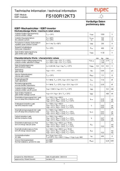 Eupec FS100R12KT3 IGBT Module Datasheet - cover page