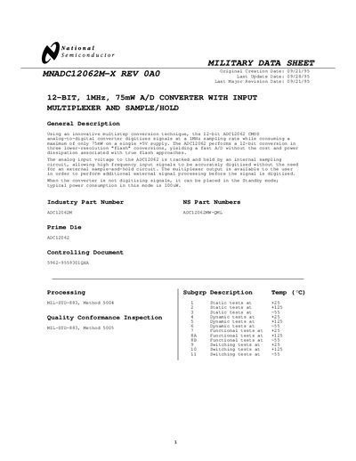 National Semiconductor ADC12062M-X Analog-to-Digital Converter Military Data Sheet - cover page