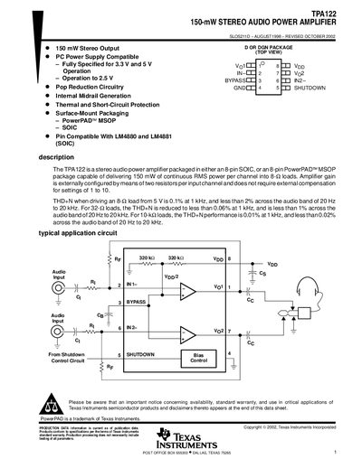 Texas Instruments TPA122 Stereo Audio Power Amplifier Datasheet - cover page