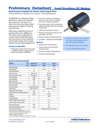 Allied Motion BL30 EB Brushless DC Motor Preliminary Datasheet - cover page