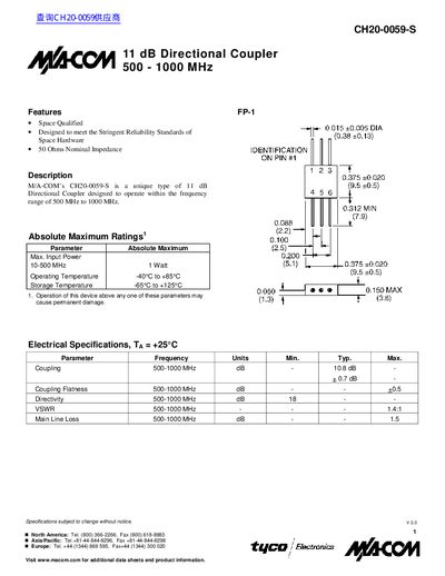 M/A-COM 11 dB Directional Coupler 500 - 1000 MHz  - cover page