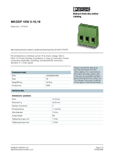 Phoenix Contact MKDSP 10N/3-10,16 Product Data Sheet - cover page