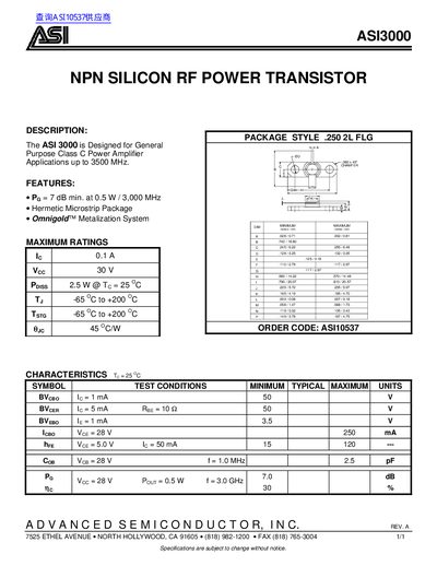 ASI ASI3000 NPN Silicon RF Power Transistor Datasheet - cover page