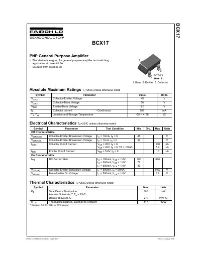 Fairchild BCX17 PNP General Purpose Amplifier Datasheet - cover page