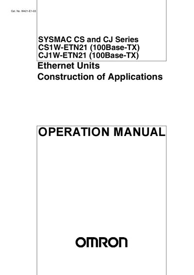 OMRON CS1W-ETN21 & CJ1W-ETN21 Ethernet Units Construction of Applications Operation Manual - cover page