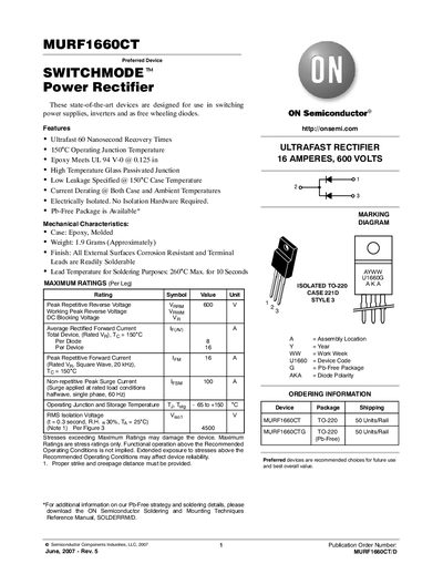 ON Semiconductor MURF1660CT Datasheet - cover page